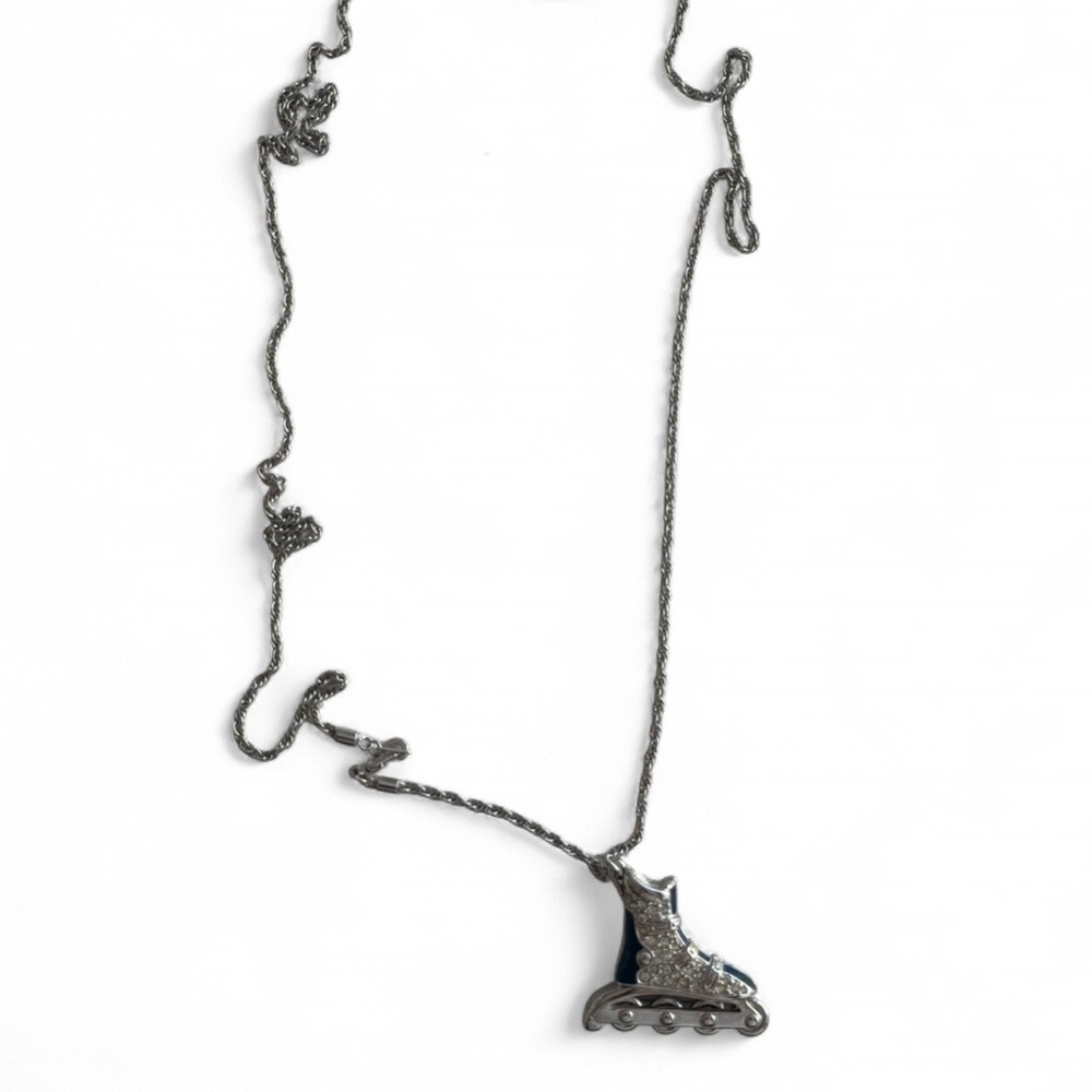 Vintage Swarovski Swan Rollerblade Skate Pendant Necklace Spinning Wheels